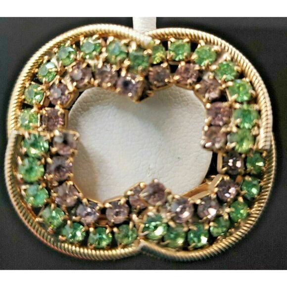 Unbranded Jewelry - Vintage Gold Tone Purple & GreenRhinestone Round Brooch‎ Pin Jewelry